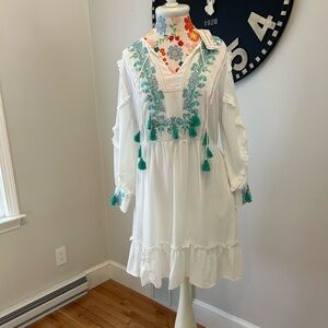 Ranna Gill White Dress with Teal Embroidery New With Tags